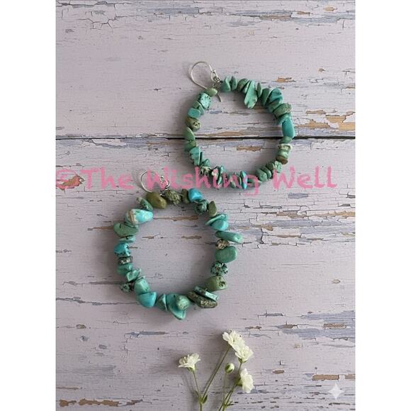 Genuine Turquoise Chip Hoop Dangle 925 Silver Earrings 2” - Picture 1 of 5
